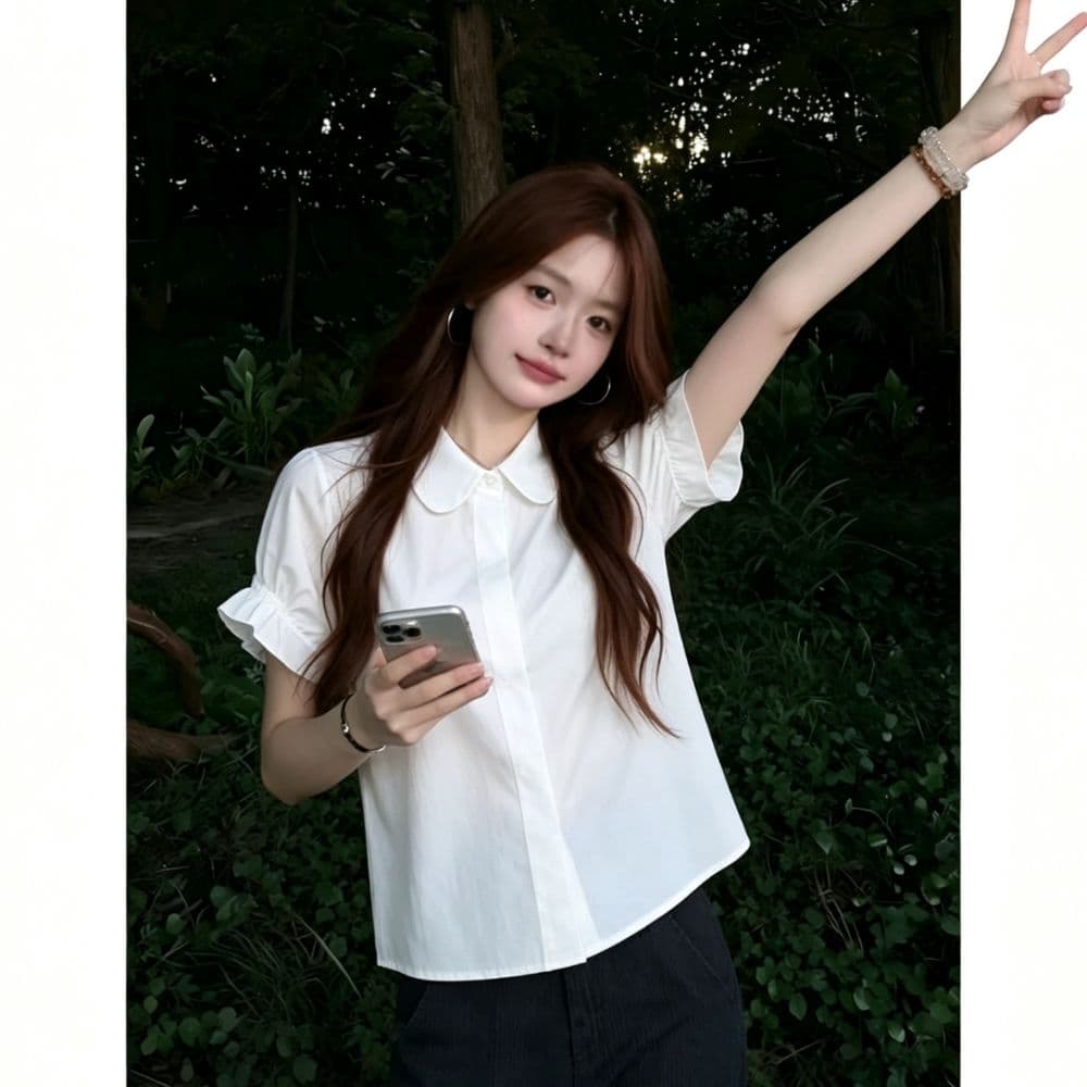 베이비 칼라 프릴 반팔 화이트 여성 셔츠 여름 새로운 품격 쇼트 스타일 부드러운 연령 감소 셔츠 맨위 상세 이미지 6