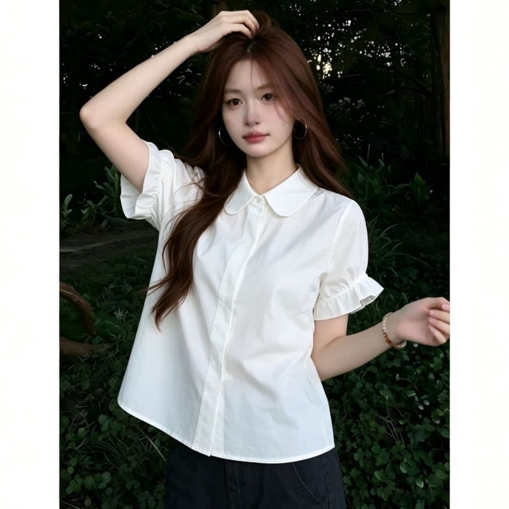 베이비 칼라 프릴 반팔 화이트 여성 셔츠 여름 새로운 품격 쇼트 스타일 부드러운 연령 감소 셔츠 맨위 상세 이미지 8