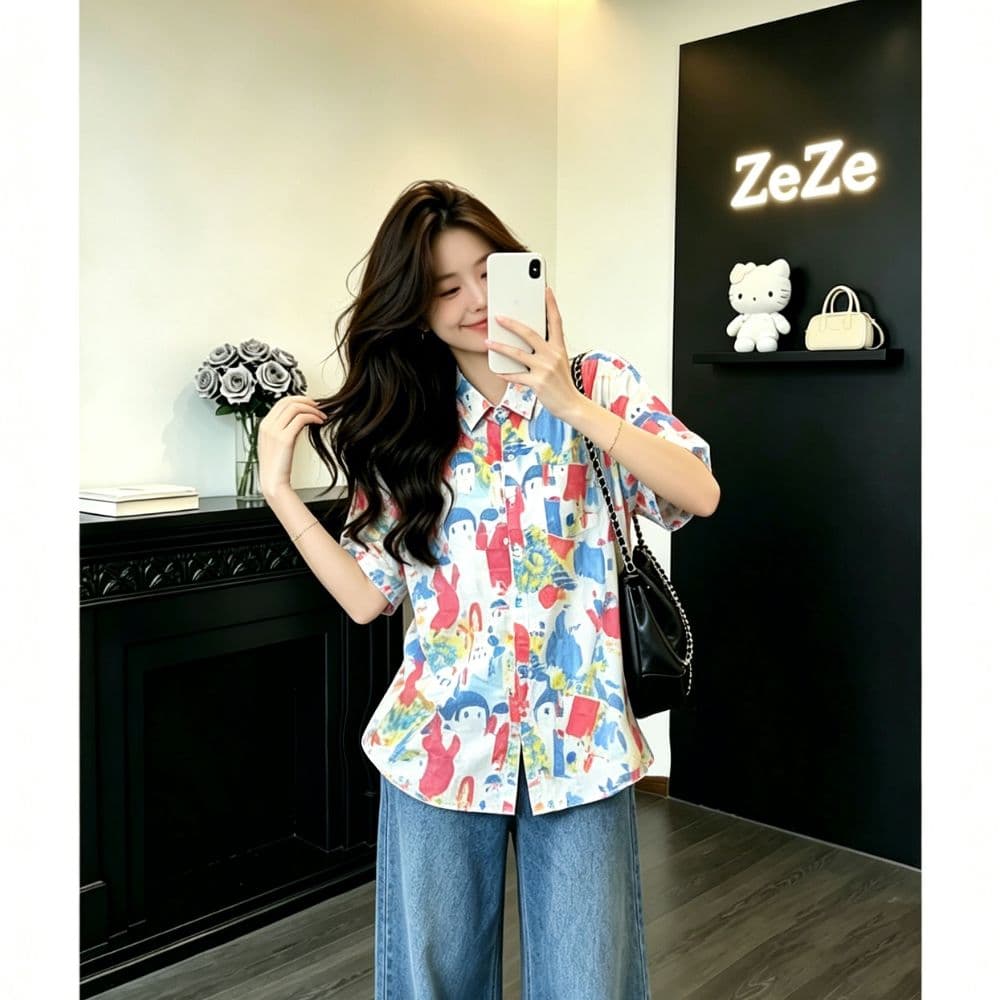아메리칸 유화 낙서 프린트 반팔 여성 셔츠 여름 루즈핏 슬림해 보이는 셔츠 캐주얼 연령 감소 다용도 꽃 의류 이미지 4