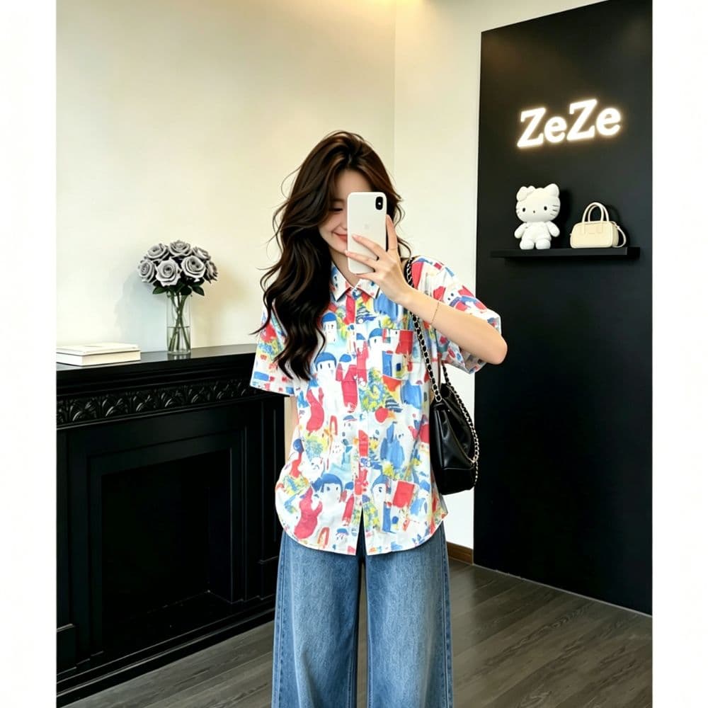 아메리칸 유화 낙서 프린트 반팔 여성 셔츠 여름 루즈핏 슬림해 보이는 셔츠 캐주얼 연령 감소 다용도 꽃 의류 상세 이미지 2