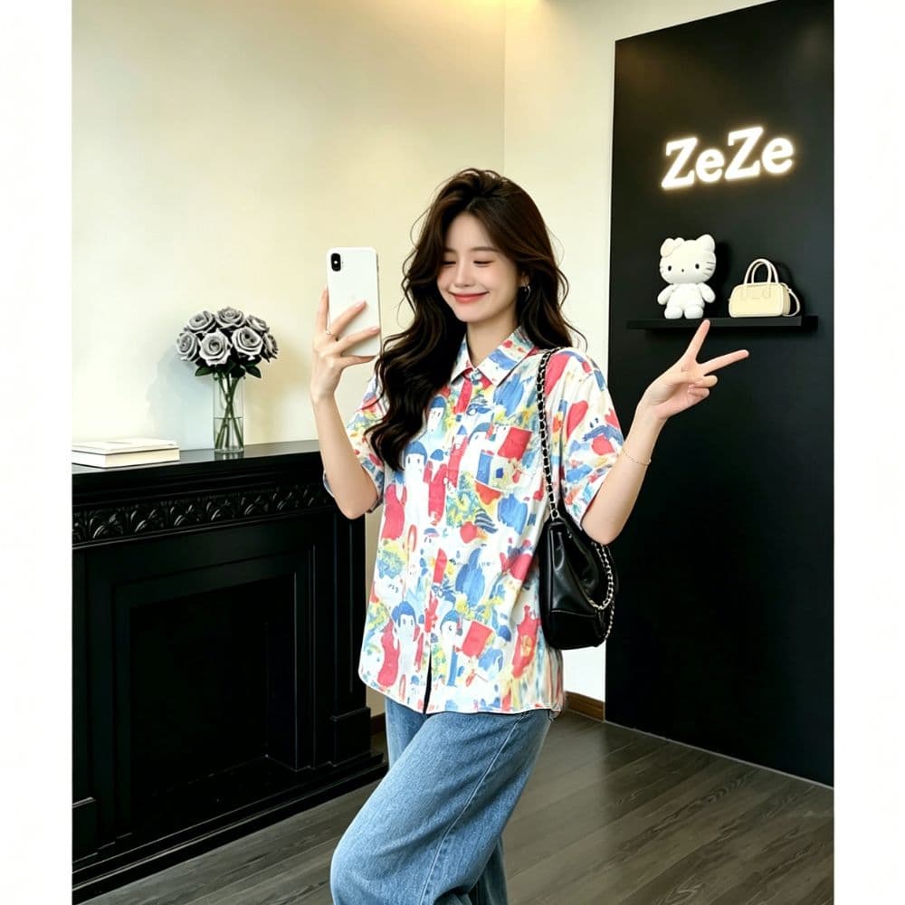 아메리칸 유화 낙서 프린트 반팔 여성 셔츠 여름 루즈핏 슬림해 보이는 셔츠 캐주얼 연령 감소 다용도 꽃 의류 상세 이미지 4