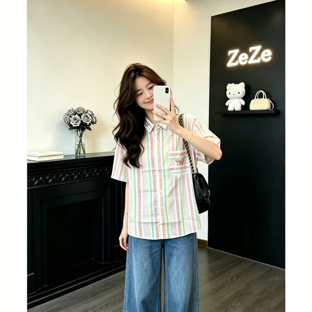 말 카드 용 색상 세로 줄무늬 반팔 여성 셔츠 여름 루즈핏 주머니 나비 자수 신선함 다용도 맨위