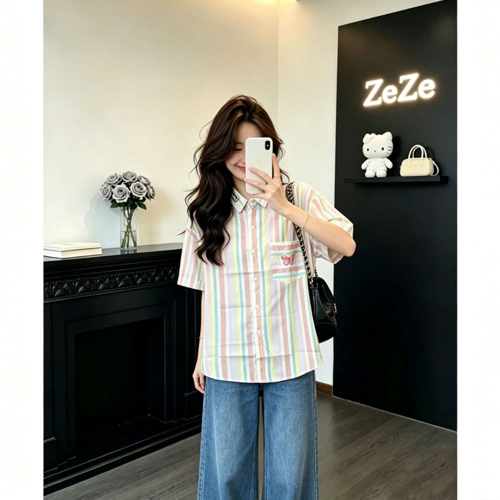 말 카드 용 색상 세로 줄무늬 반팔 여성 셔츠 여름 루즈핏 주머니 나비 자수 신선함 다용도 맨위 이미지 4