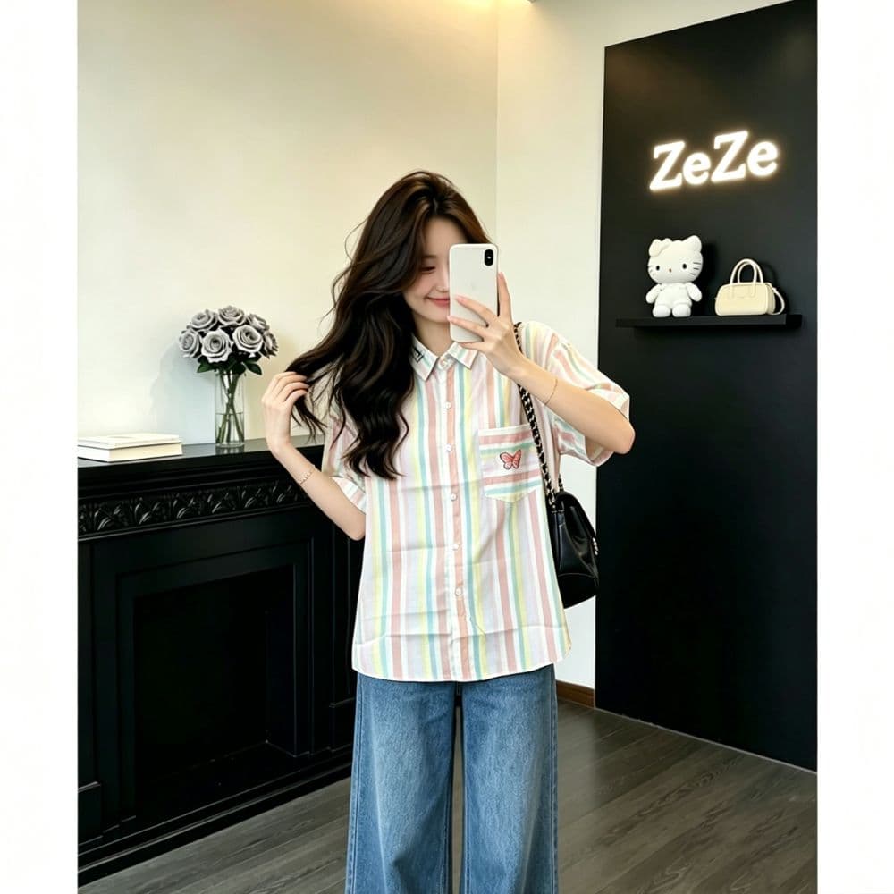 말 카드 용 색상 세로 줄무늬 반팔 여성 셔츠 여름 루즈핏 주머니 나비 자수 신선함 다용도 맨위 상세 이미지 2
