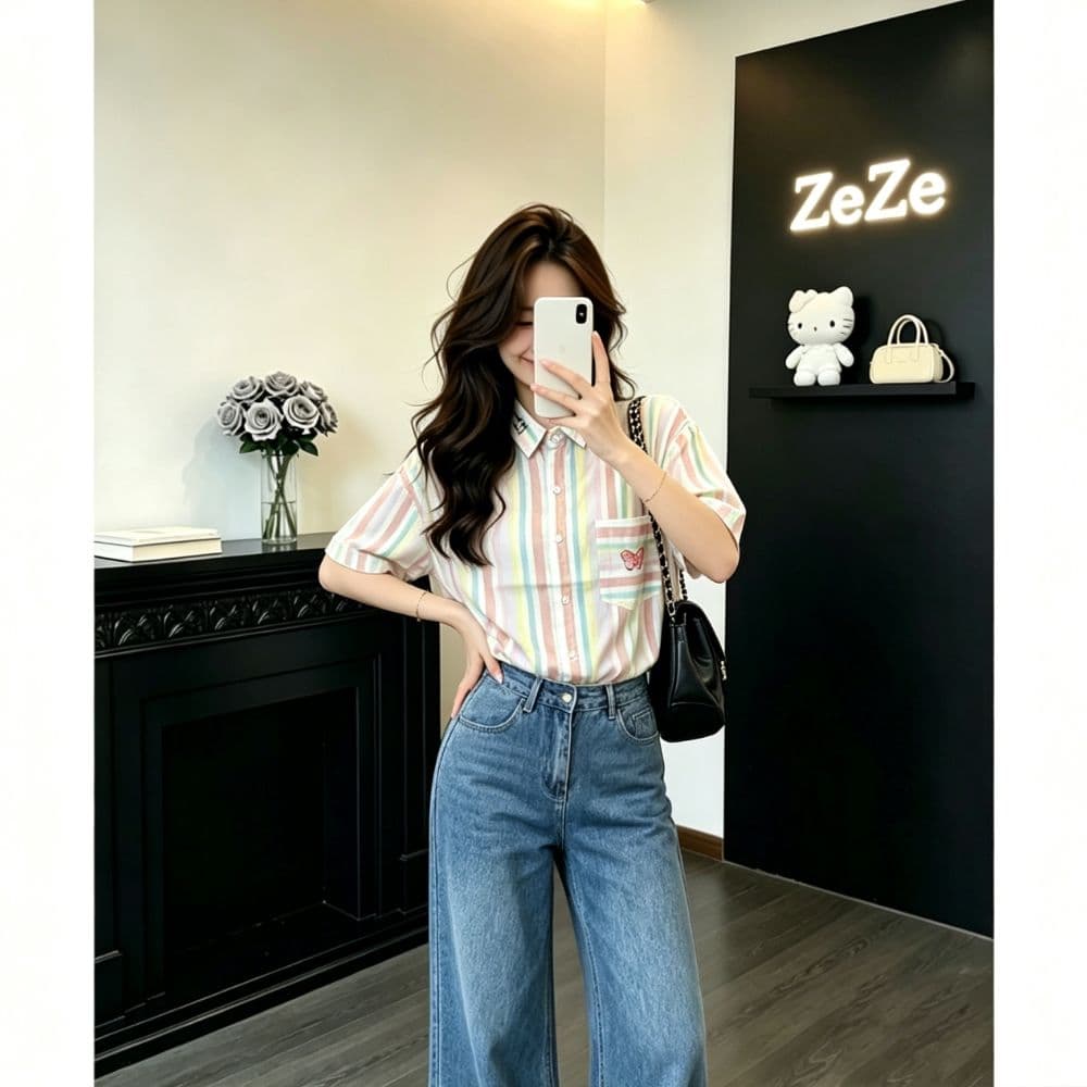 말 카드 용 색상 세로 줄무늬 반팔 여성 셔츠 여름 루즈핏 주머니 나비 자수 신선함 다용도 맨위 상세 이미지 3