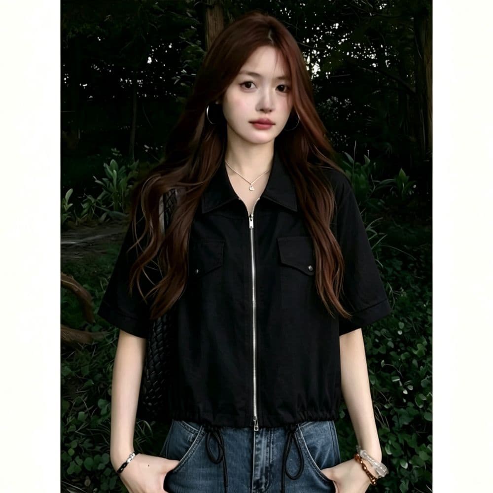한 부서 캐주얼 바람 더블 주머니 지퍼 셔츠 여성 여름 밑단 펌프 로프 쇼트 스타일 루즈핏 슬림해 보이는 반팔 셔츠 이미지 4