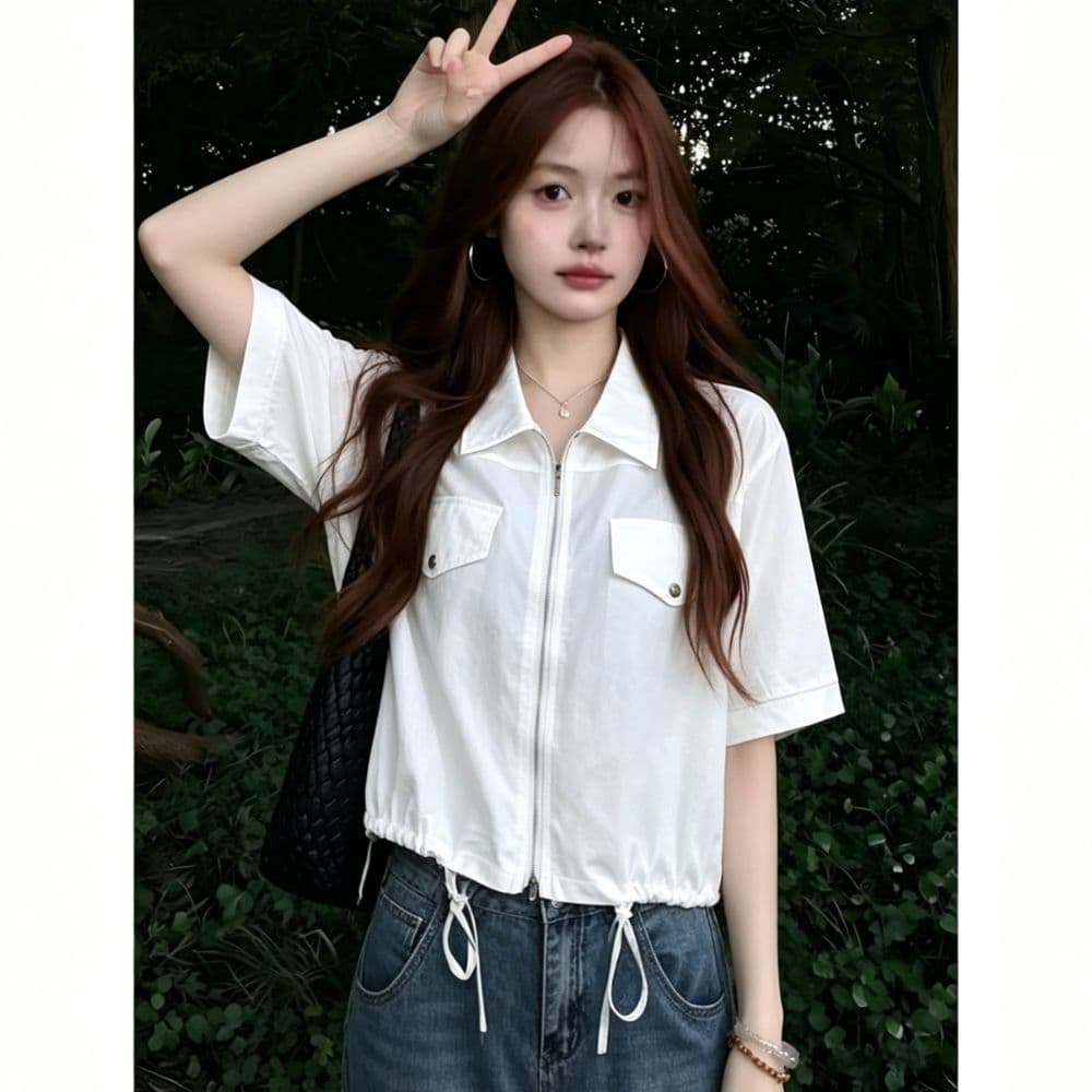 한 부서 캐주얼 바람 더블 주머니 지퍼 셔츠 여성 여름 밑단 펌프 로프 쇼트 스타일 루즈핏 슬림해 보이는 반팔 셔츠