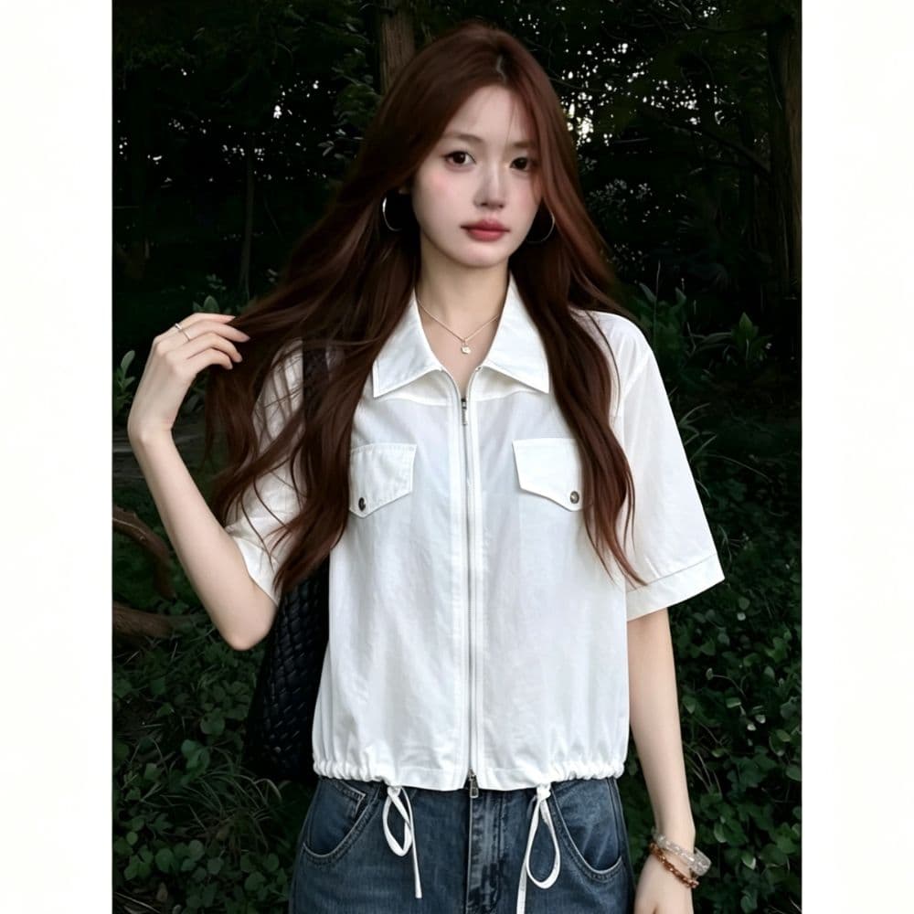 한 부서 캐주얼 바람 더블 주머니 지퍼 셔츠 여성 여름 밑단 펌프 로프 쇼트 스타일 루즈핏 슬림해 보이는 반팔 셔츠 상세 이미지 2