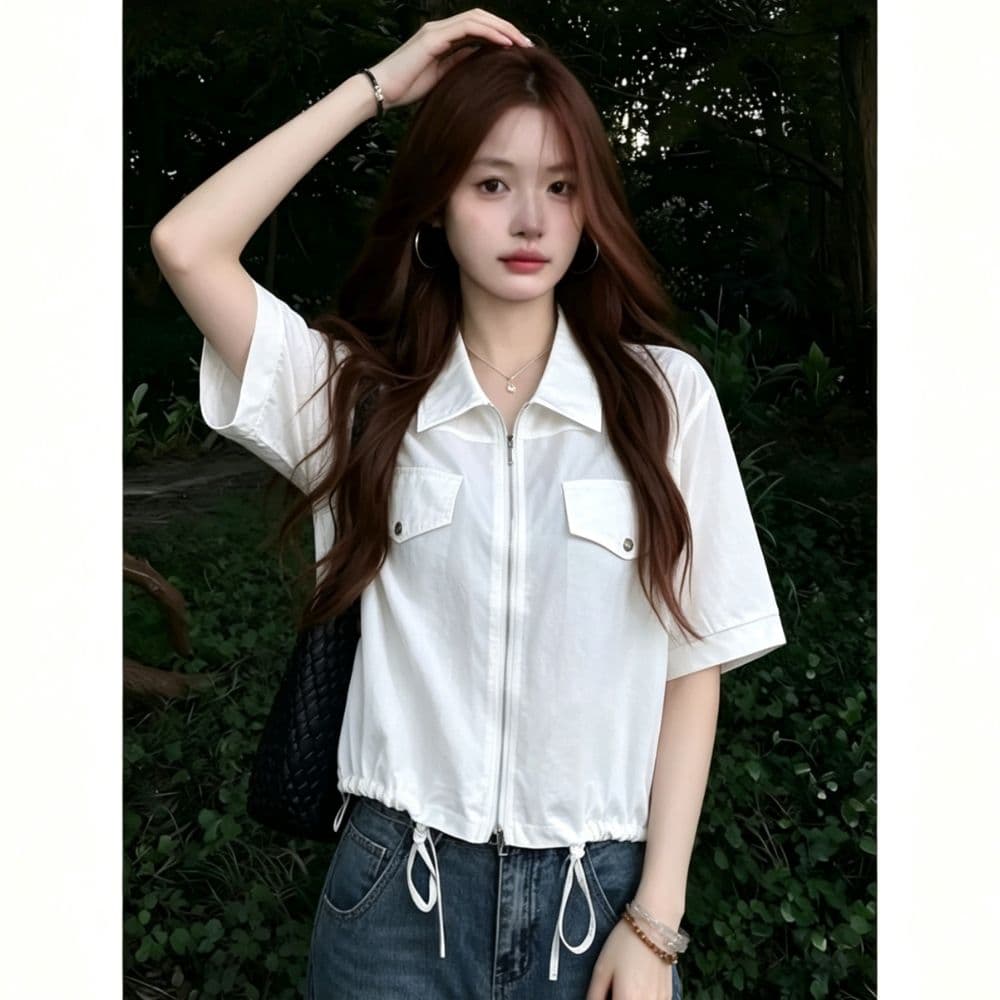 한 부서 캐주얼 바람 더블 주머니 지퍼 셔츠 여성 여름 밑단 펌프 로프 쇼트 스타일 루즈핏 슬림해 보이는 반팔 셔츠 상세 이미지 4