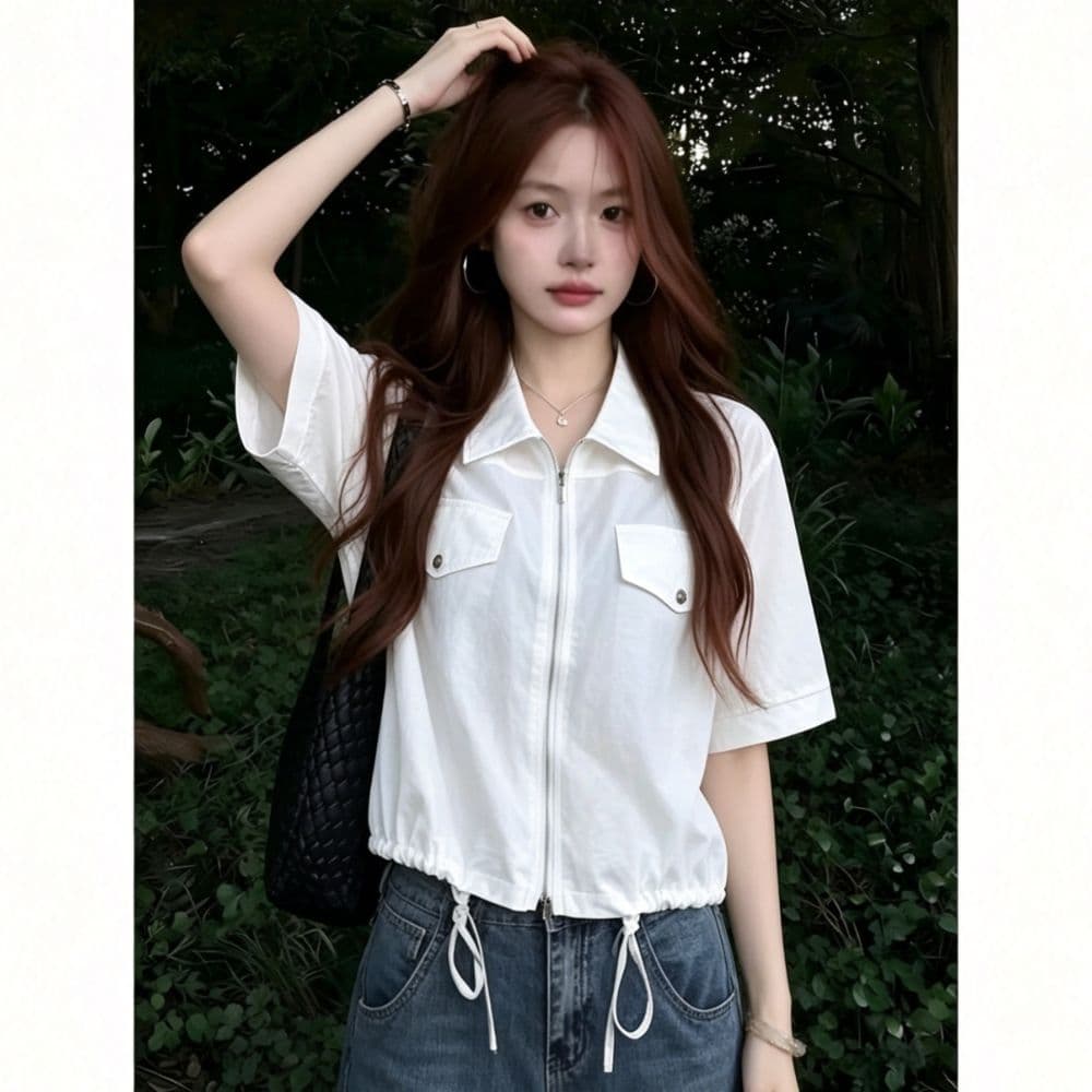 한 부서 캐주얼 바람 더블 주머니 지퍼 셔츠 여성 여름 밑단 펌프 로프 쇼트 스타일 루즈핏 슬림해 보이는 반팔 셔츠 상세 이미지 5