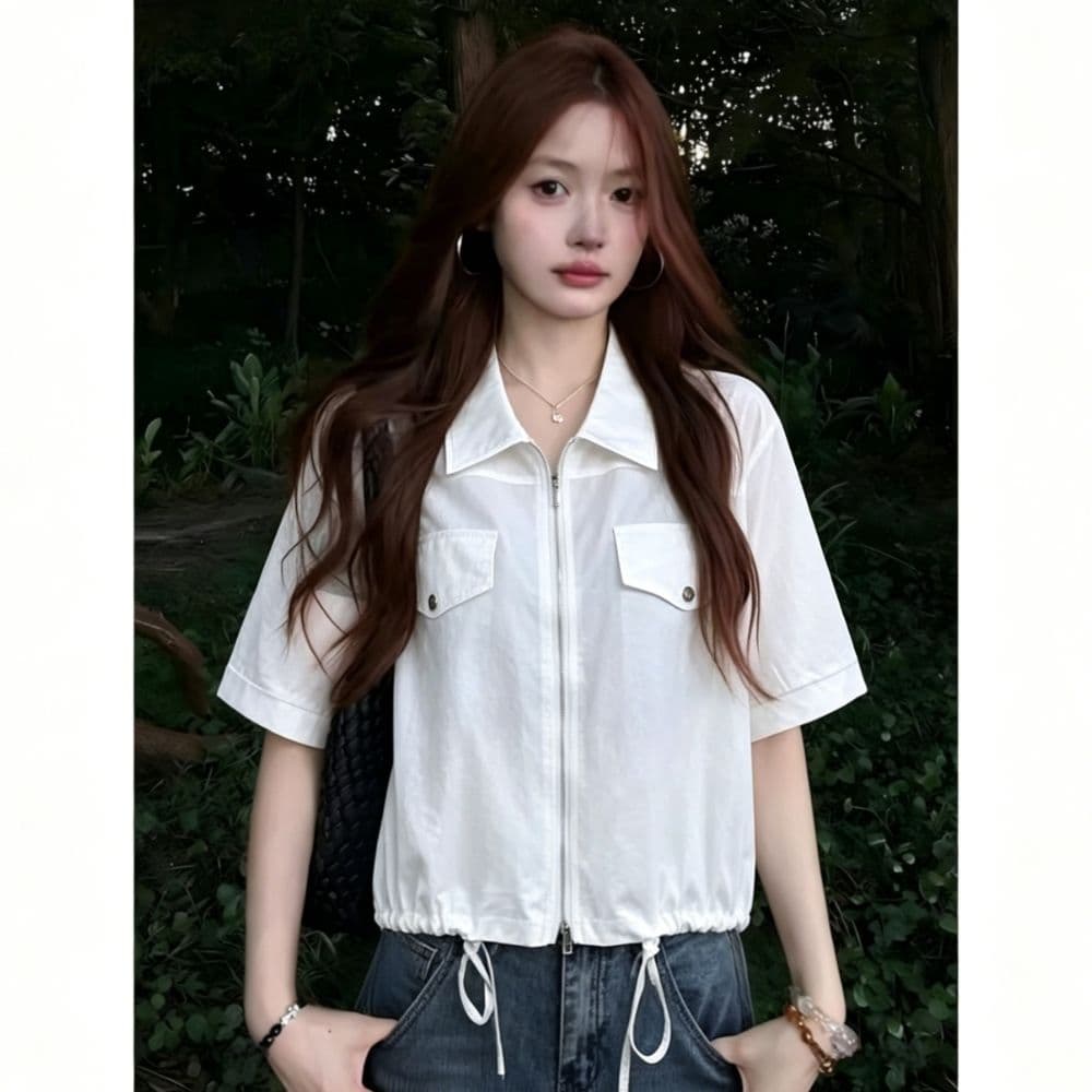 한 부서 캐주얼 바람 더블 주머니 지퍼 셔츠 여성 여름 밑단 펌프 로프 쇼트 스타일 루즈핏 슬림해 보이는 반팔 셔츠 상세 이미지 6