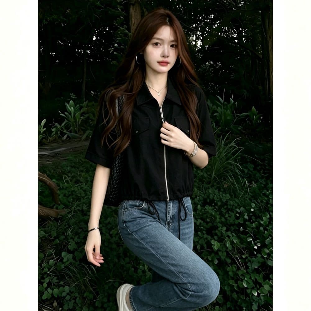 한 부서 캐주얼 바람 더블 주머니 지퍼 셔츠 여성 여름 밑단 펌프 로프 쇼트 스타일 루즈핏 슬림해 보이는 반팔 셔츠 상세 이미지 7