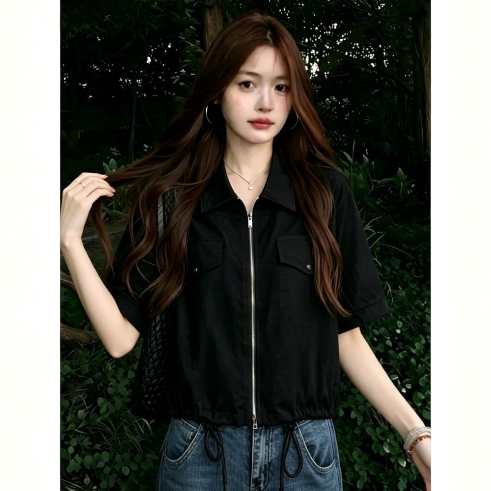 한 부서 캐주얼 바람 더블 주머니 지퍼 셔츠 여성 여름 밑단 펌프 로프 쇼트 스타일 루즈핏 슬림해 보이는 반팔 셔츠 상세 이미지 9