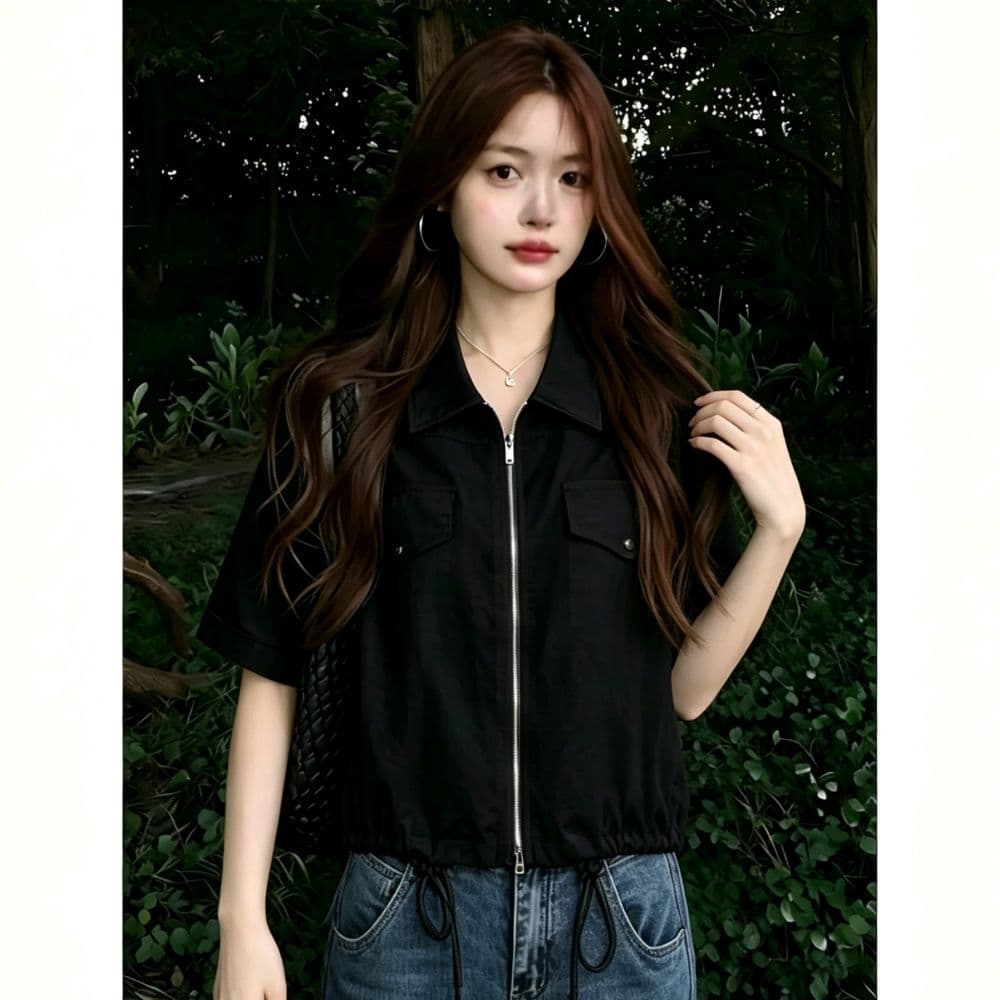 한 부서 캐주얼 바람 더블 주머니 지퍼 셔츠 여성 여름 밑단 펌프 로프 쇼트 스타일 루즈핏 슬림해 보이는 반팔 셔츠 상세 이미지 10