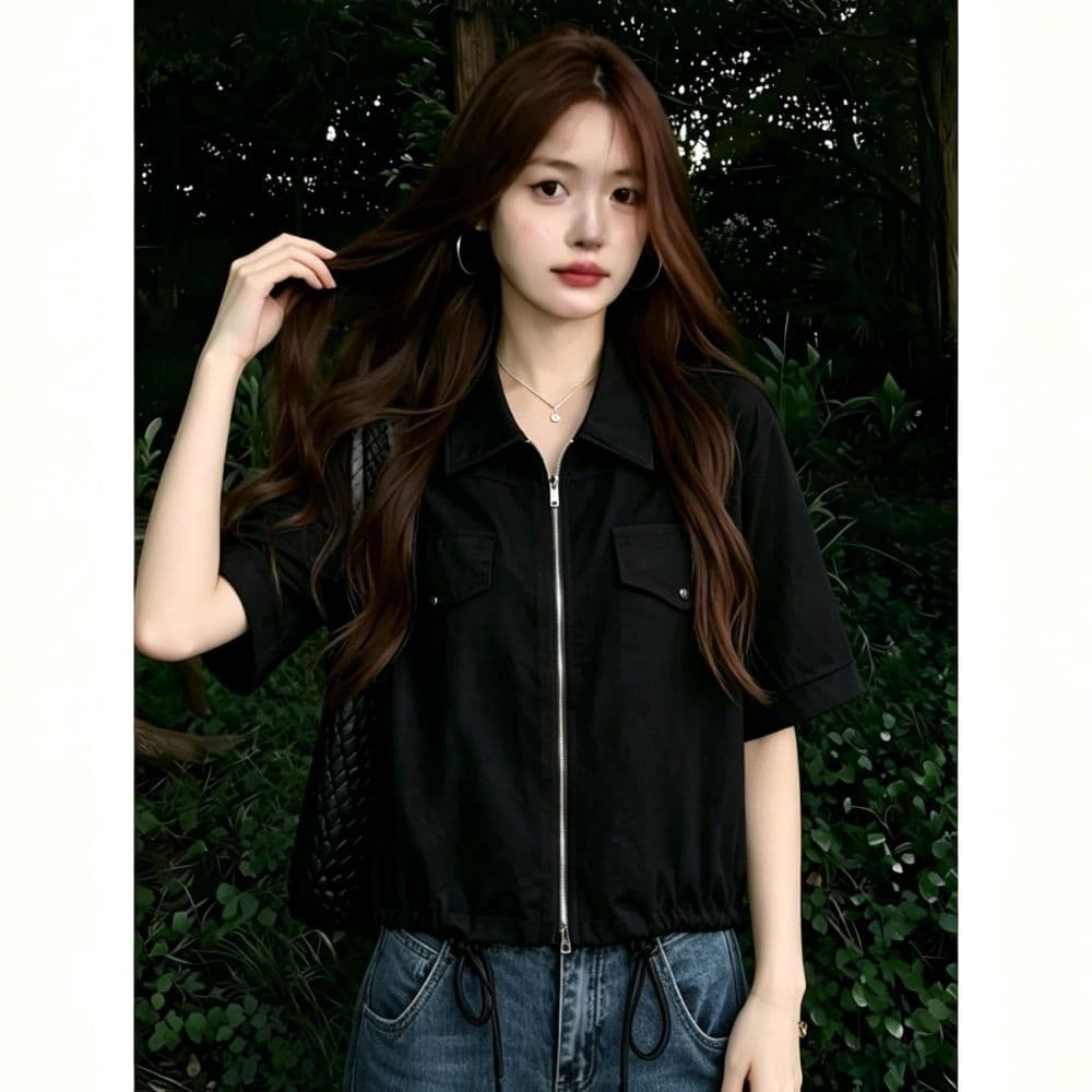 한 부서 캐주얼 바람 더블 주머니 지퍼 셔츠 여성 여름 밑단 펌프 로프 쇼트 스타일 루즈핏 슬림해 보이는 반팔 셔츠 상세 이미지 11