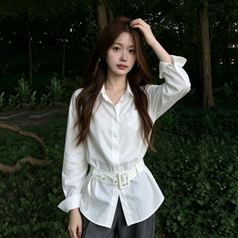 화이트 긴팔 여성 셔츠 이른 가을 한 부서 벨트 허리 수축 슬림해 보이는 폴로 칼라 싱글 주머니 출퇴근 품격 셔츠 맨위 이미지 2