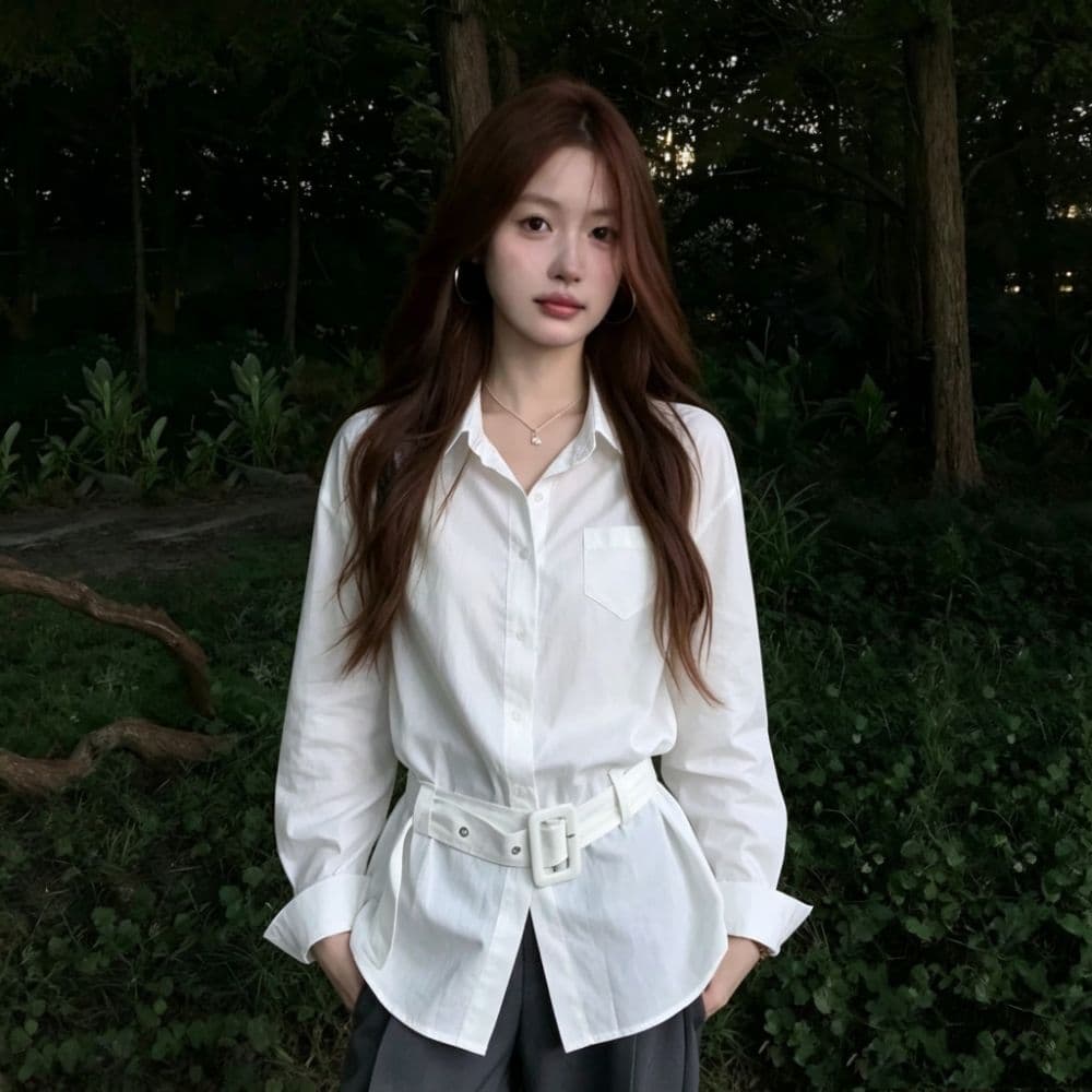 화이트 긴팔 여성 셔츠 이른 가을 한 부서 벨트 허리 수축 슬림해 보이는 폴로 칼라 싱글 주머니 출퇴근 품격 셔츠 맨위 이미지 4