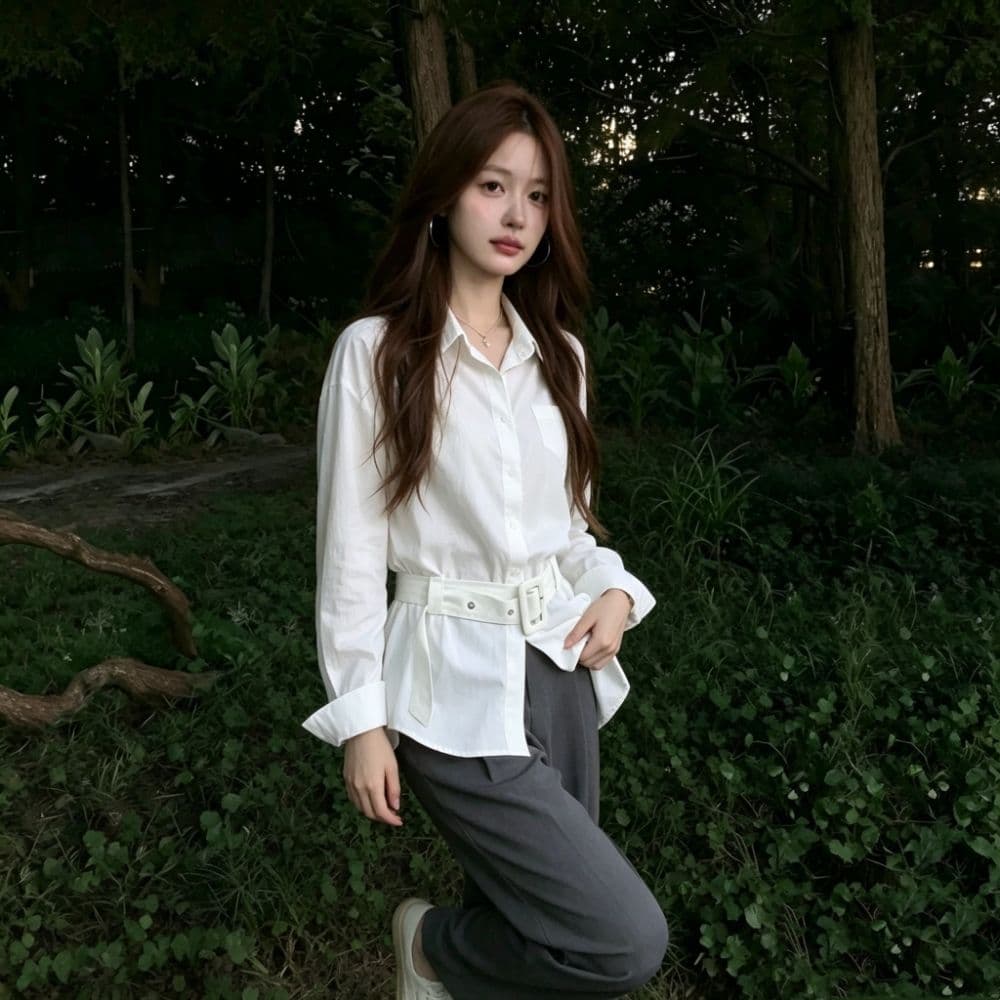 화이트 긴팔 여성 셔츠 이른 가을 한 부서 벨트 허리 수축 슬림해 보이는 폴로 칼라 싱글 주머니 출퇴근 품격 셔츠 맨위 상세 이미지 6