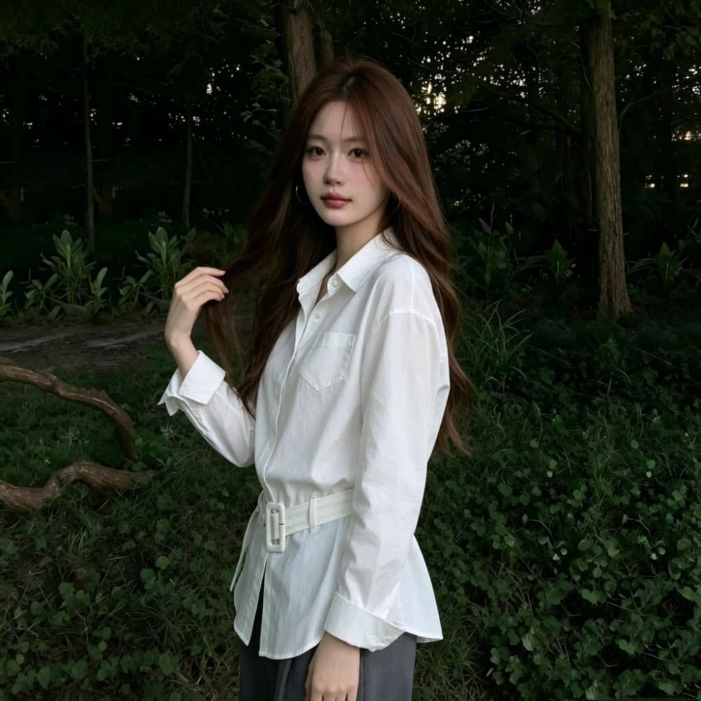 화이트 긴팔 여성 셔츠 이른 가을 한 부서 벨트 허리 수축 슬림해 보이는 폴로 칼라 싱글 주머니 출퇴근 품격 셔츠 맨위 상세 이미지 7