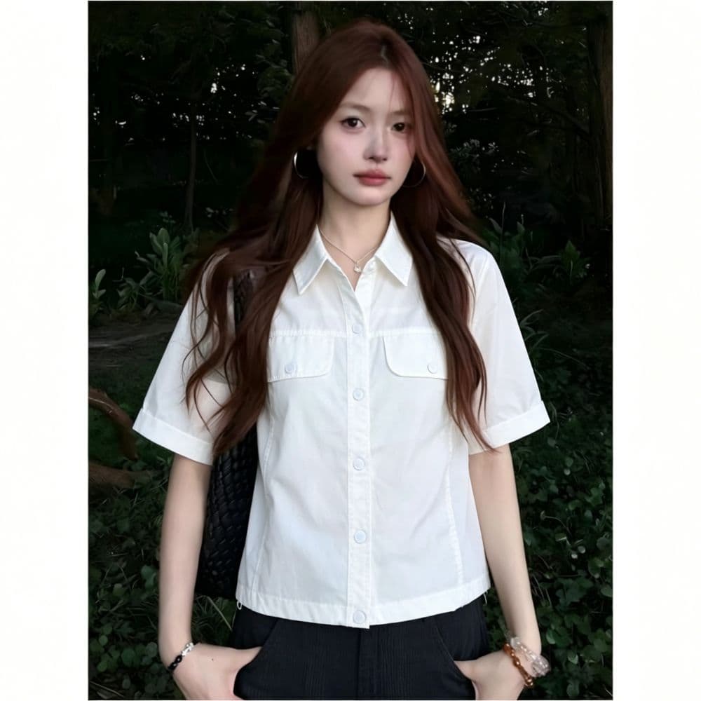 화이트 워크웨어 바람 반팔 여성 셔츠 여름 더블 주머니 밑단 펌프 로프 쇼트 스타일 슬림해 보이는 작은 키 다용도 셔츠 이미지 3