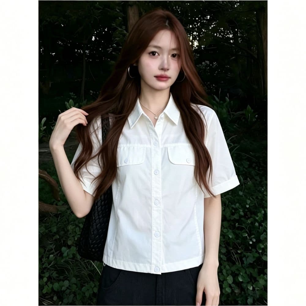 화이트 워크웨어 바람 반팔 여성 셔츠 여름 더블 주머니 밑단 펌프 로프 쇼트 스타일 슬림해 보이는 작은 키 다용도 셔츠 이미지 2