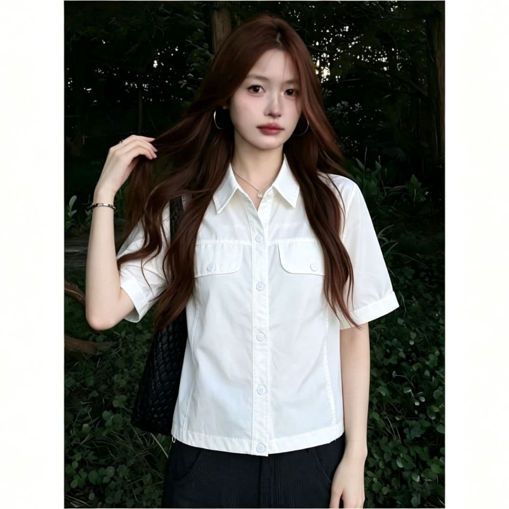 화이트 워크웨어 바람 반팔 여성 셔츠 여름 더블 주머니 밑단 펌프 로프 쇼트 스타일 슬림해 보이는 작은 키 다용도 셔츠 상세 이미지 4
