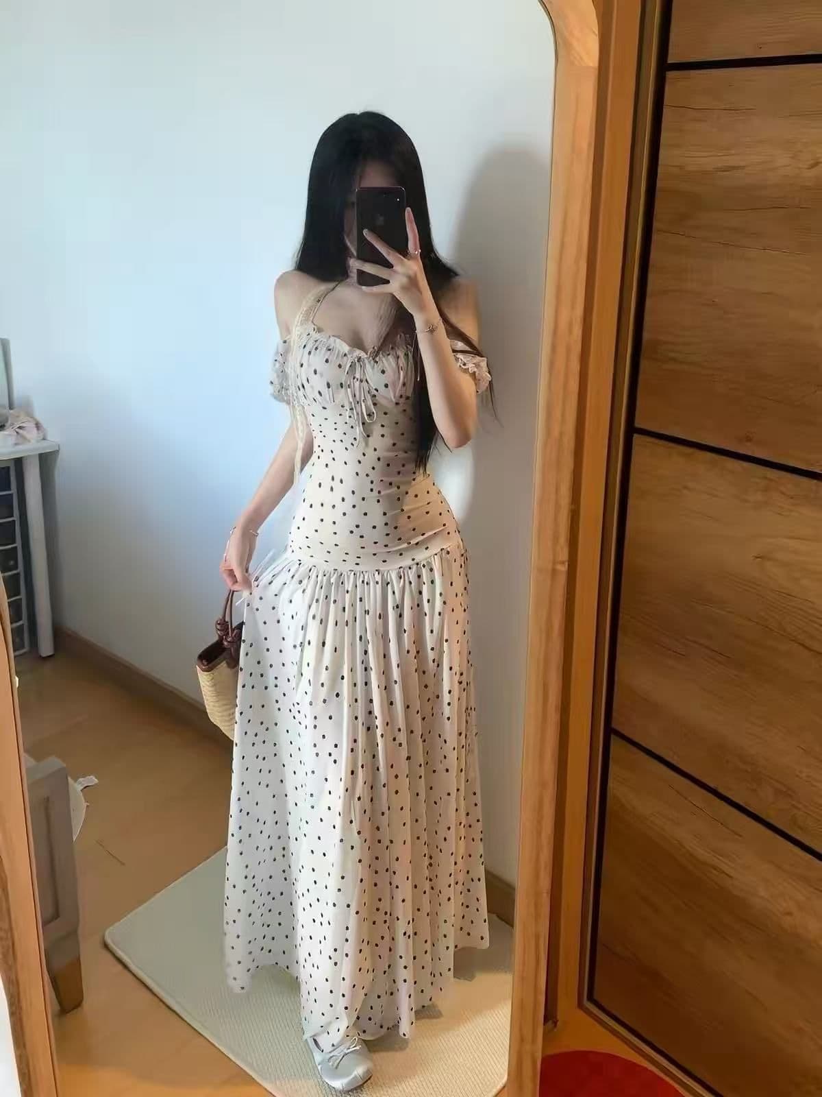 프랑스식 부드러운 핫걸 바람 레트로 도트 무늬 여성 드레스 봄 여름 보트넥 허리 수축 슬림해 보이는 휴가 바람 롱 스커트 이미지 4