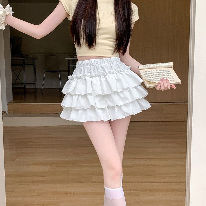 화이트 층 프릴 케이크 미니 스커트 하이웨이스트 허리밴드 반신 스커트 달콤함 연령 감소 디스플레이 다리 길이 다용도 상세 이미지 6