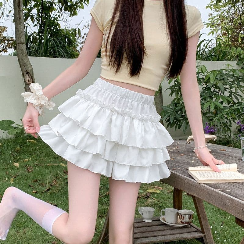 화이트 층 프릴 케이크 미니 스커트 하이웨이스트 허리밴드 반신 스커트 달콤함 연령 감소 디스플레이 다리 길이 다용도 상세 이미지 7