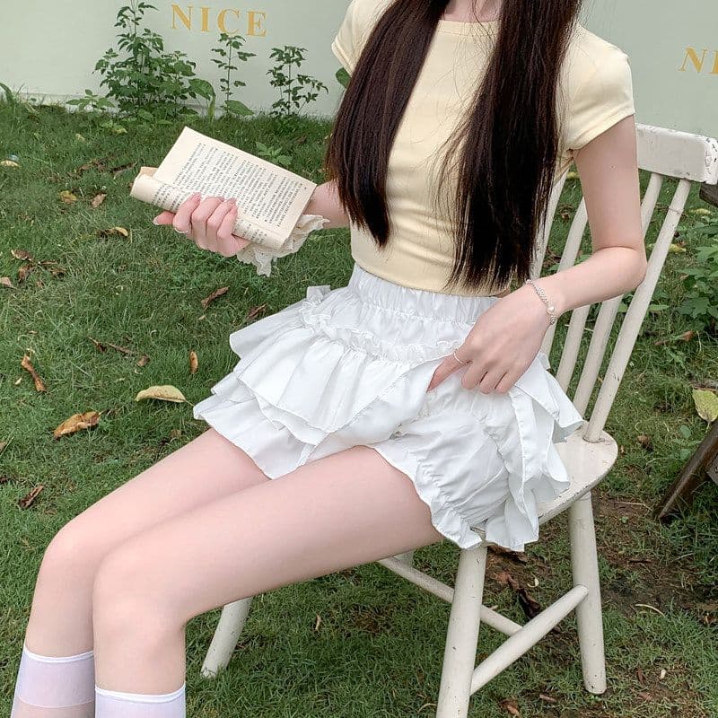 화이트 층 프릴 케이크 미니 스커트 하이웨이스트 허리밴드 반신 스커트 달콤함 연령 감소 디스플레이 다리 길이 다용도 상세 이미지 10