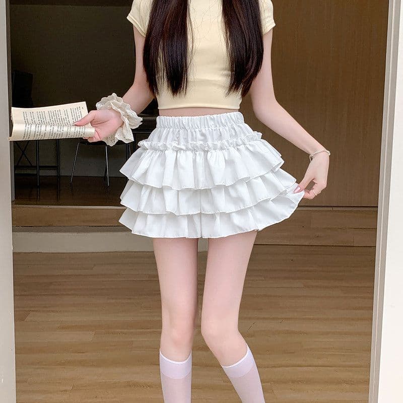 화이트 층 프릴 케이크 미니 스커트 하이웨이스트 허리밴드 반신 스커트 달콤함 연령 감소 디스플레이 다리 길이 다용도 상세 이미지 12