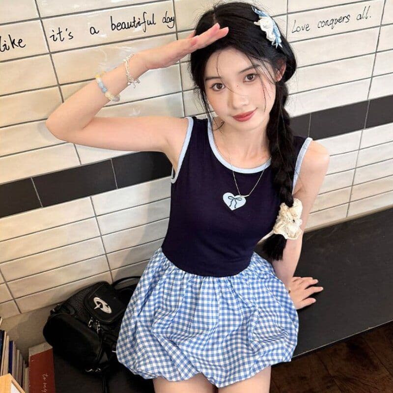 한 스타일 순수한 욕망 학원 스타일 여성 드레스 여행 착용 가져 가라. 고급 센스 체크무늬 패치워크 민소매 슬립 꽃밭 미니 스커트 이미지 5