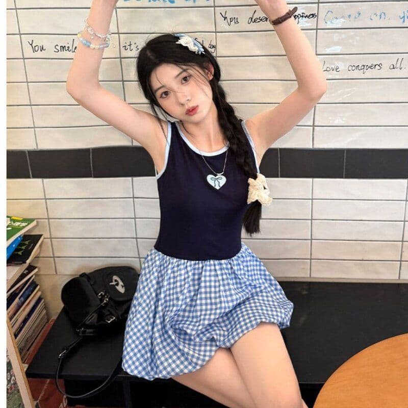 한 스타일 순수한 욕망 학원 스타일 여성 드레스 여행 착용 가져 가라. 고급 센스 체크무늬 패치워크 민소매 슬립 꽃밭 미니 스커트 상세 이미지 6