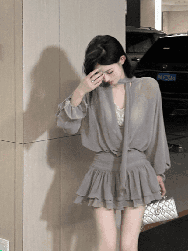 프랑스식 검정색 V넥 리본 쉬폰 긴팔 드레스 여성 의류 여름 품격 허리 수축 한 마디 미니 스커트 자이언트 잘 생긴 치마 이미지 3