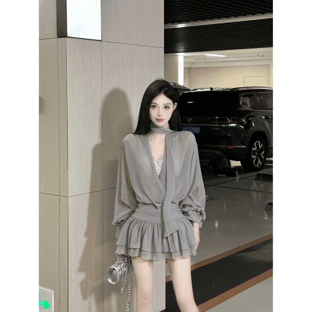 프랑스식 검정색 V넥 리본 쉬폰 긴팔 드레스 여성 의류 여름 품격 허리 수축 한 마디 미니 스커트 자이언트 잘 생긴 치마