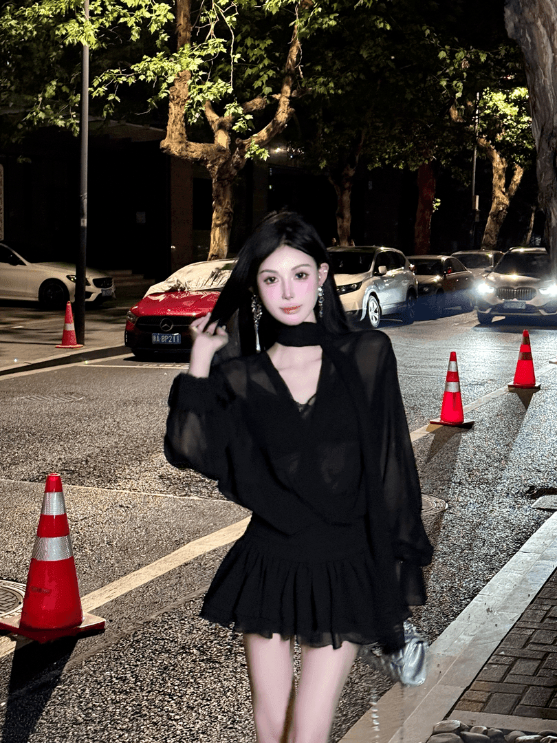 프랑스식 검정색 V넥 리본 쉬폰 긴팔 드레스 여성 의류 여름 품격 허리 수축 한 마디 미니 스커트 자이언트 잘 생긴 치마 이미지 2