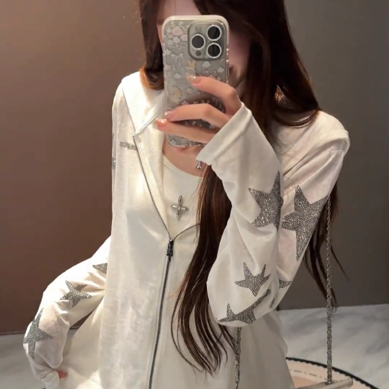 핫픽스 검 지퍼 헤드 총 색상 지퍼 광저우 눈꽃 면 자외선 차단 블라우스 여성 이미지 5