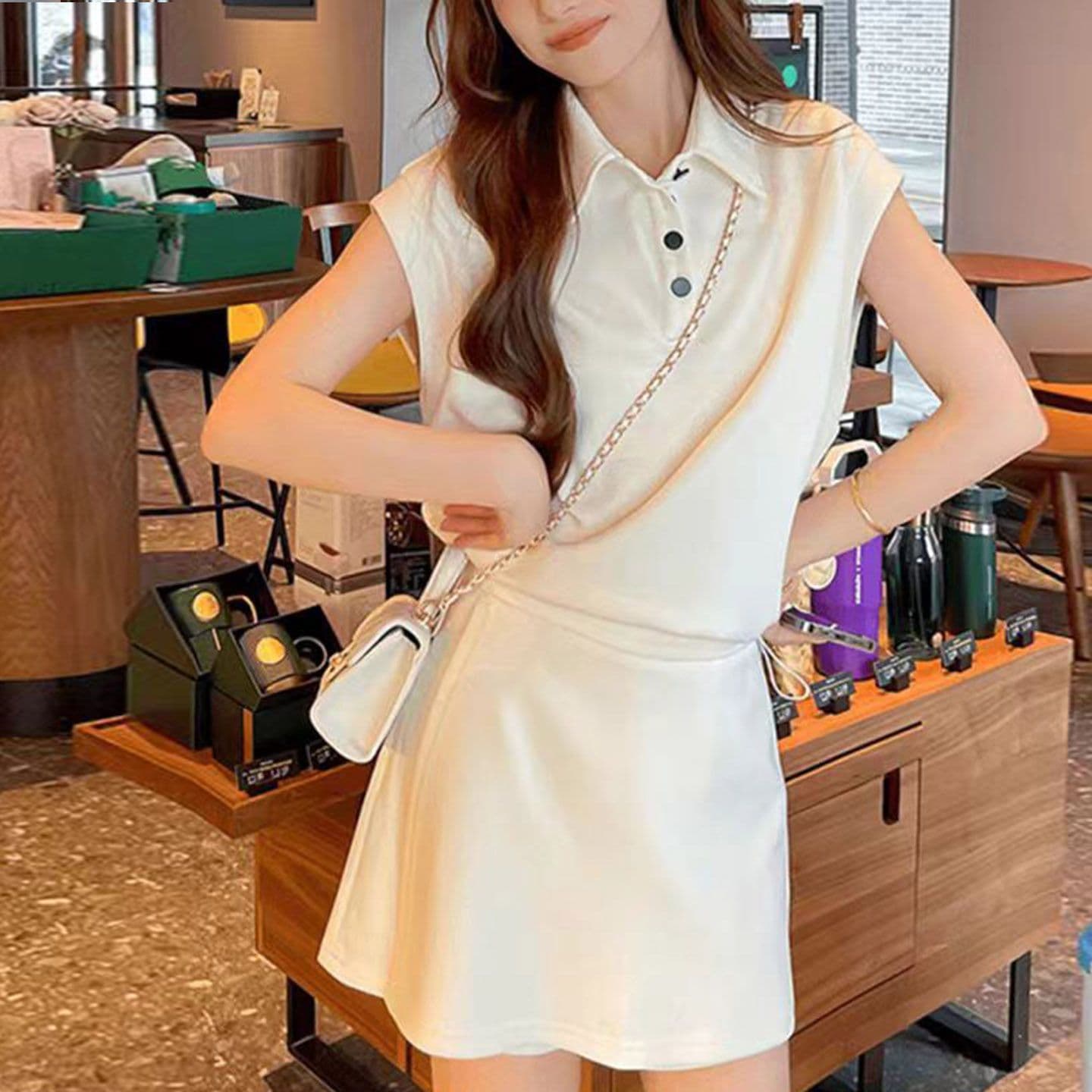 패션 세트 여성 여름 새로운 작은 대중 디자인 센스 살구 색상 POLO 칼라 반팔 하이웨이스트 다용도 반바지 투피스 세트