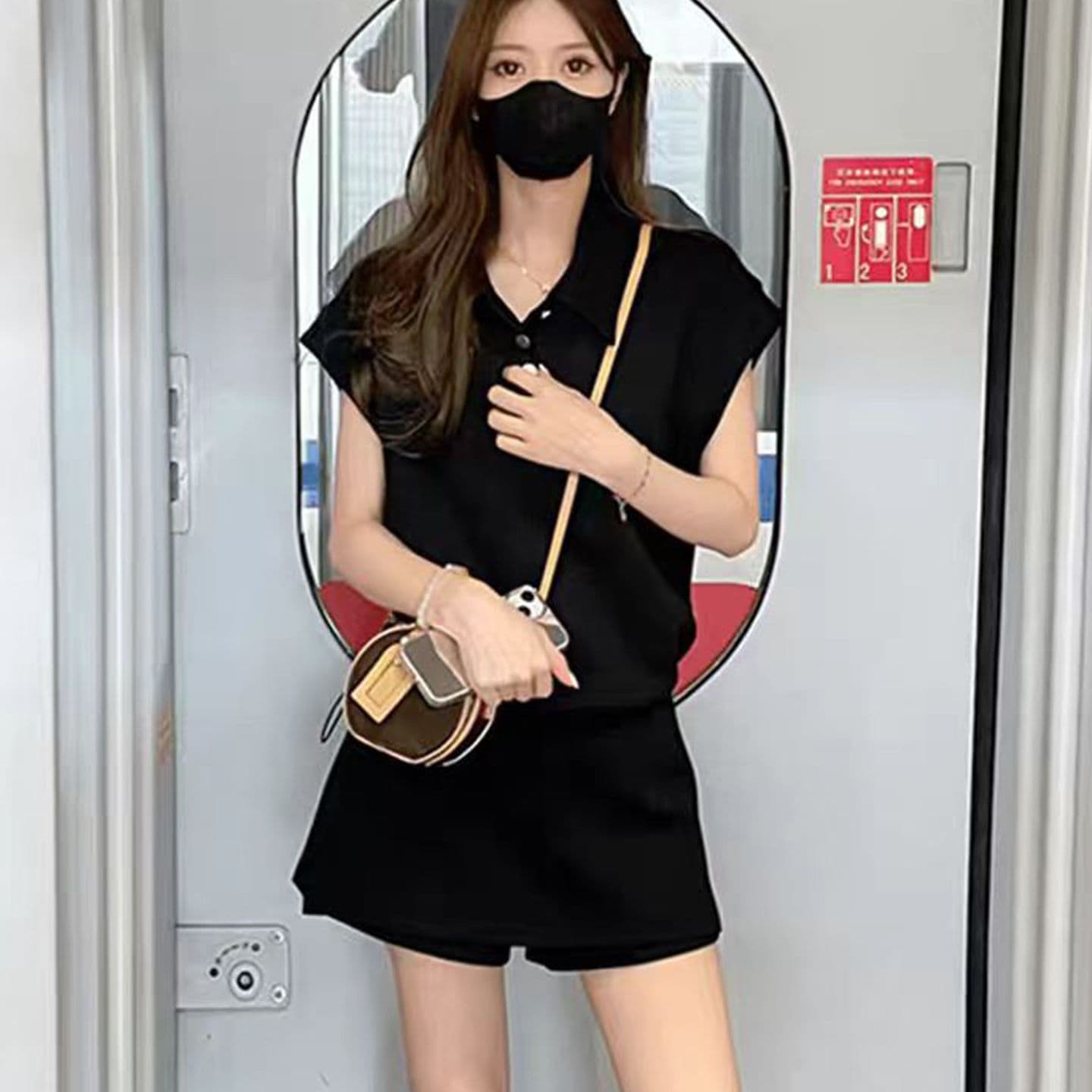 패션 세트 여성 여름 새로운 작은 대중 디자인 센스 살구 색상 POLO 칼라 반팔 하이웨이스트 다용도 반바지 투피스 세트 이미지 3