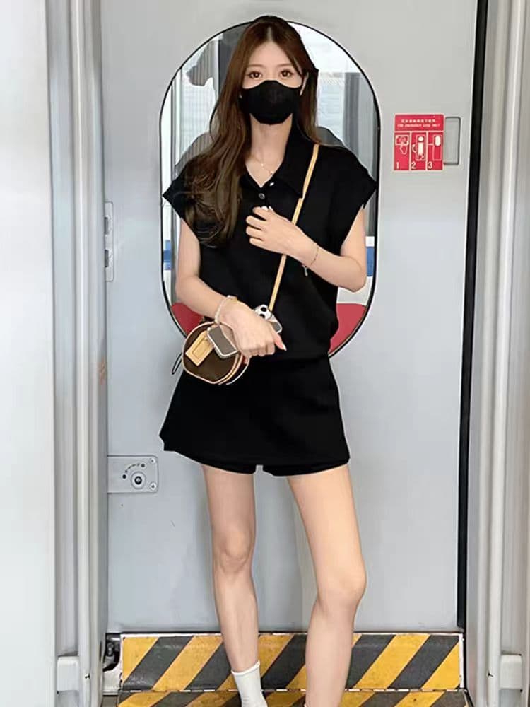 패션 세트 여성 여름 새로운 작은 대중 디자인 센스 살구 색상 POLO 칼라 반팔 하이웨이스트 다용도 반바지 투피스 세트 상세 이미지 3