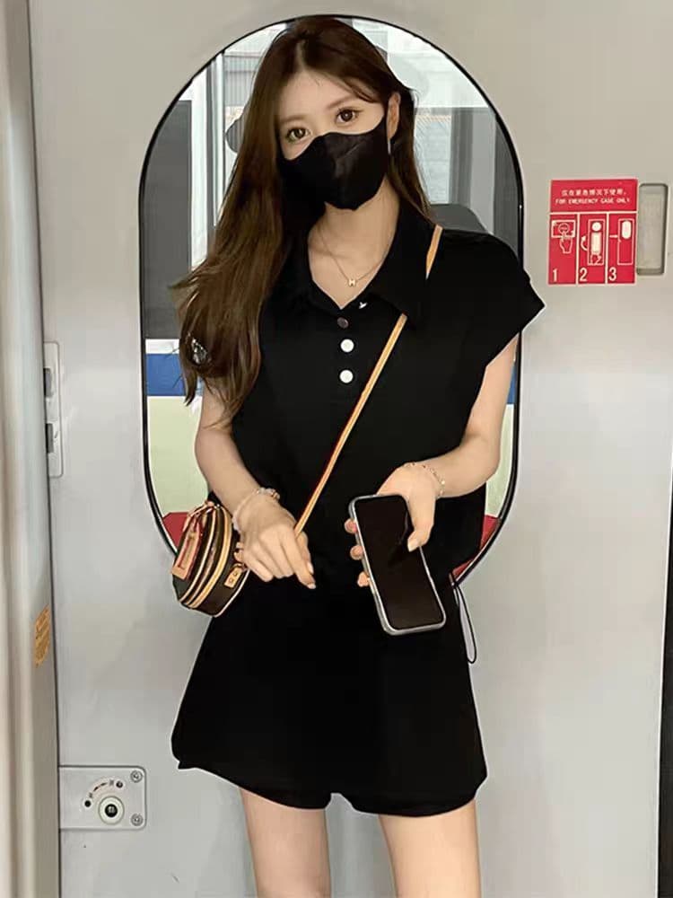 패션 세트 여성 여름 새로운 작은 대중 디자인 센스 살구 색상 POLO 칼라 반팔 하이웨이스트 다용도 반바지 투피스 세트 상세 이미지 4