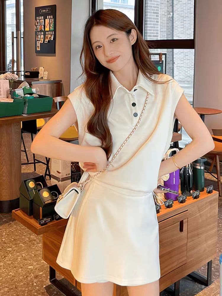 패션 세트 여성 여름 새로운 작은 대중 디자인 센스 살구 색상 POLO 칼라 반팔 하이웨이스트 다용도 반바지 투피스 세트 상세 이미지 5