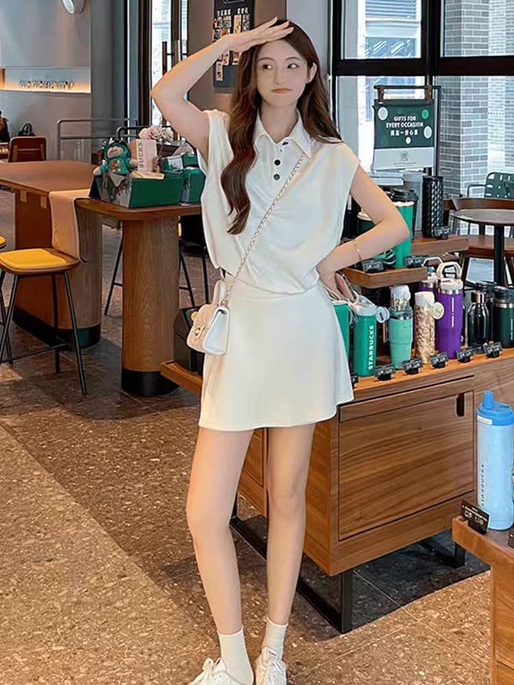 패션 세트 여성 여름 새로운 작은 대중 디자인 센스 살구 색상 POLO 칼라 반팔 하이웨이스트 다용도 반바지 투피스 세트 상세 이미지 6