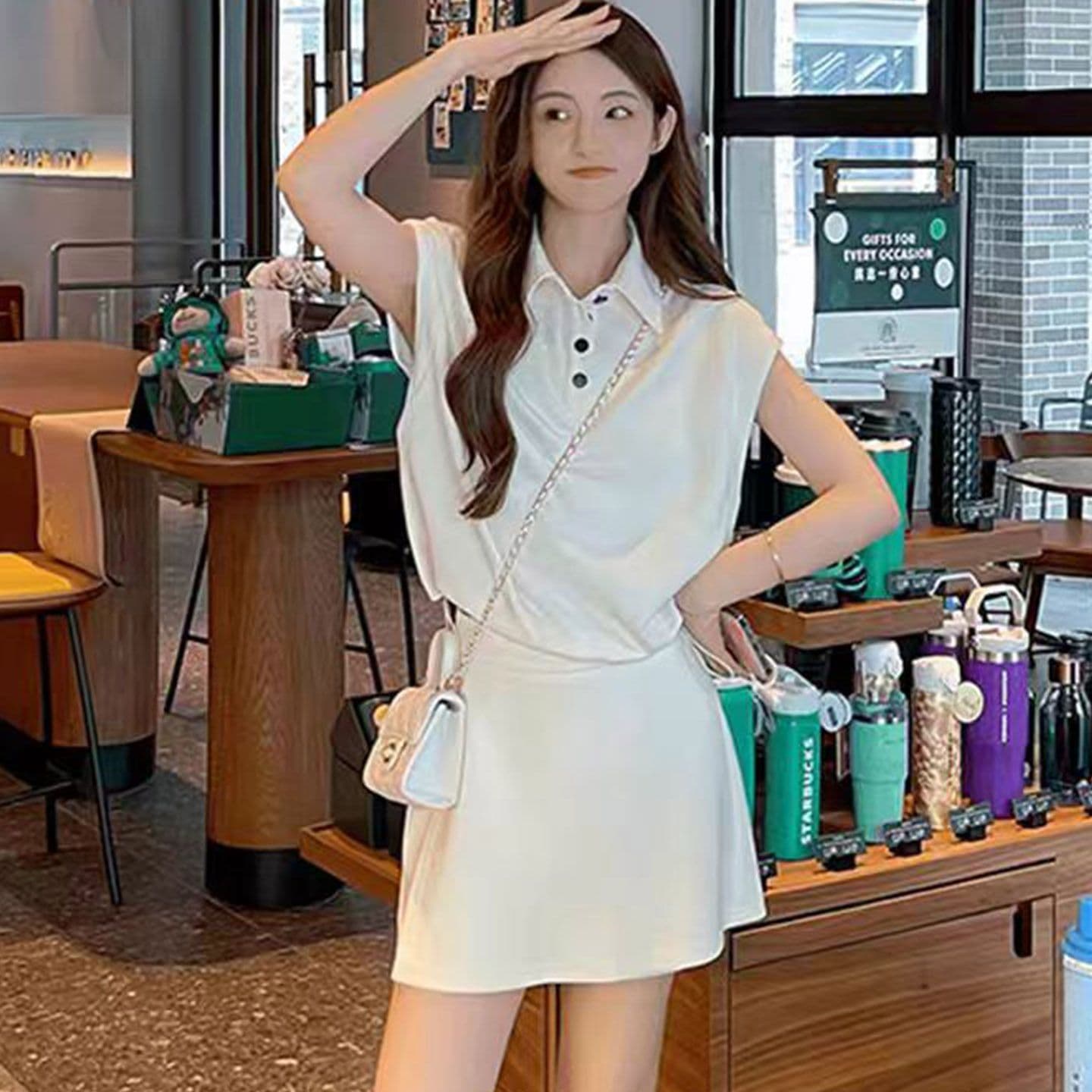패션 세트 여성 여름 새로운 작은 대중 디자인 센스 살구 색상 POLO 칼라 반팔 하이웨이스트 다용도 반바지 투피스 세트 상세 이미지 9