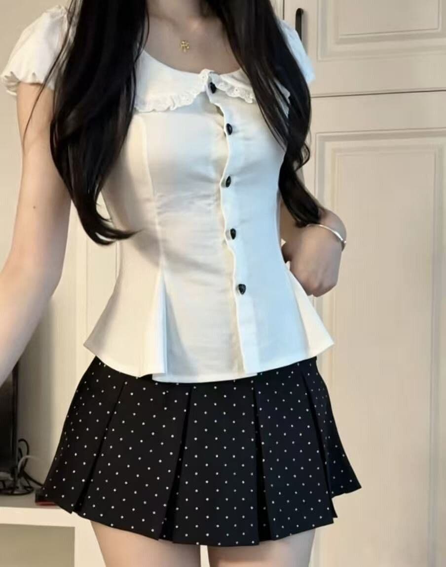 한 부서 베이비 칼라 거품 소매 하트 버클 반팔 여성 셔츠 여름 스트랩 허리 수축 슬림해 보이는 고유 한 아름다운 세트 이미지 2