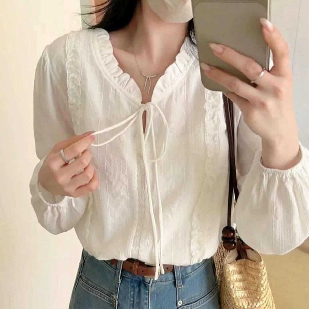 한 부서 프릴 레이스업 화이트 여성 셔츠 여름 얇은 스타일 반팔 자외선 차단 부드러운 다용도 출퇴근 출근 셔츠 이미지 2