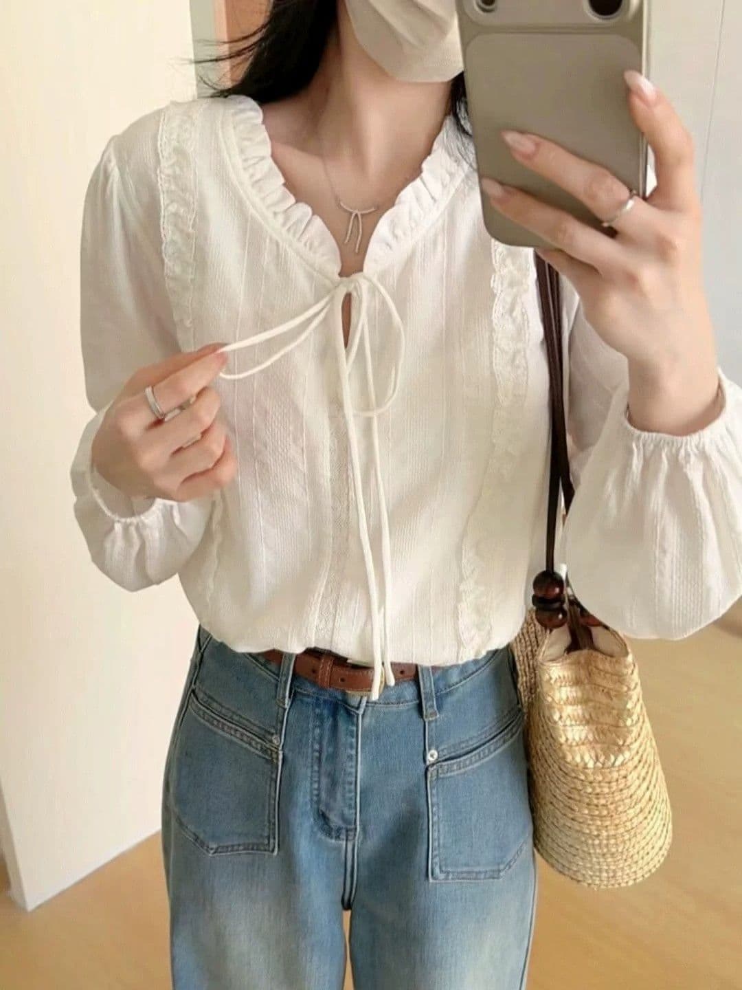 한 부서 프릴 레이스업 화이트 여성 셔츠 여름 얇은 스타일 반팔 자외선 차단 부드러운 다용도 출퇴근 출근 셔츠 상세 이미지 6