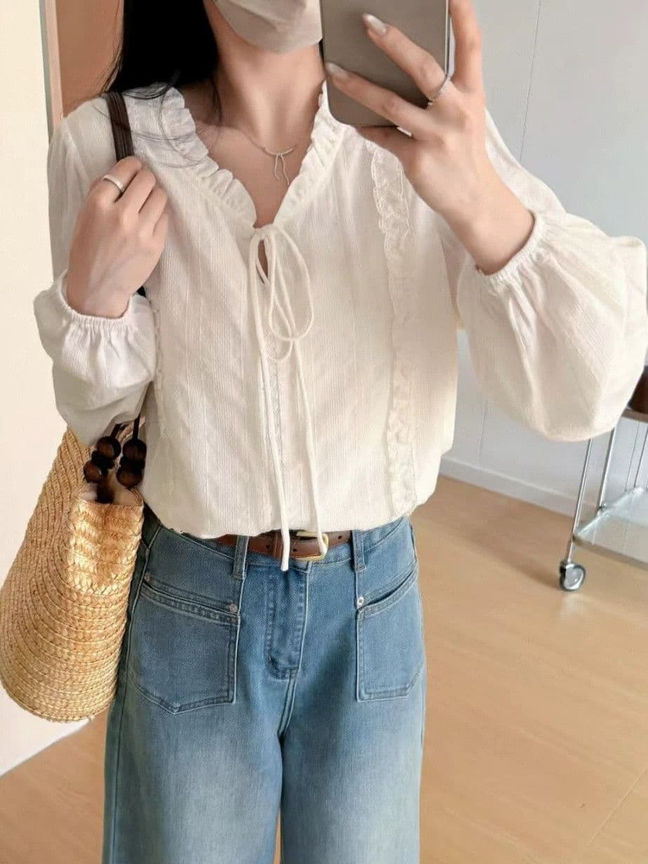 한 부서 프릴 레이스업 화이트 여성 셔츠 여름 얇은 스타일 반팔 자외선 차단 부드러운 다용도 출퇴근 출근 셔츠 상세 이미지 7