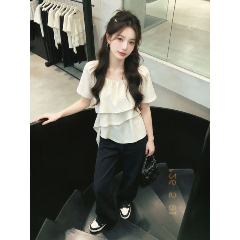 프릴 긍정적 인 어깨 반팔 쉬폰 여성 셔츠 여름 빅 사이즈 마이크로 지방 mm 디자인 센스 슬림해 보이는 다용도 아름다운 맨위 이미지 5