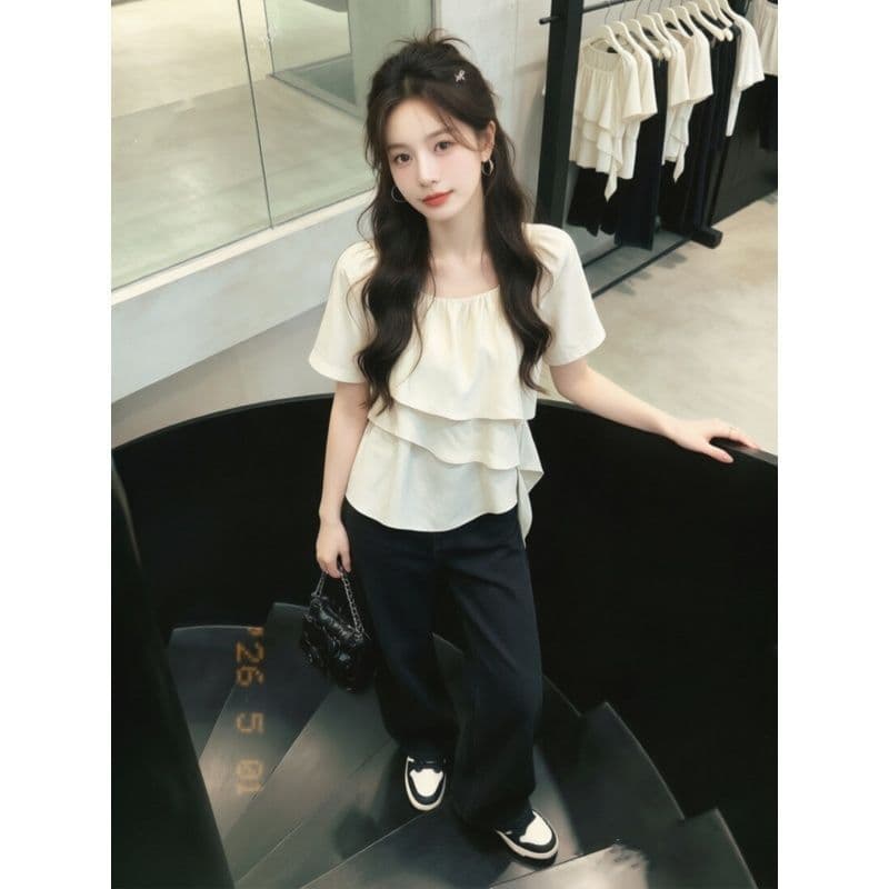 프릴 긍정적 인 어깨 반팔 쉬폰 여성 셔츠 여름 빅 사이즈 마이크로 지방 mm 디자인 센스 슬림해 보이는 다용도 아름다운 맨위 상세 이미지 4